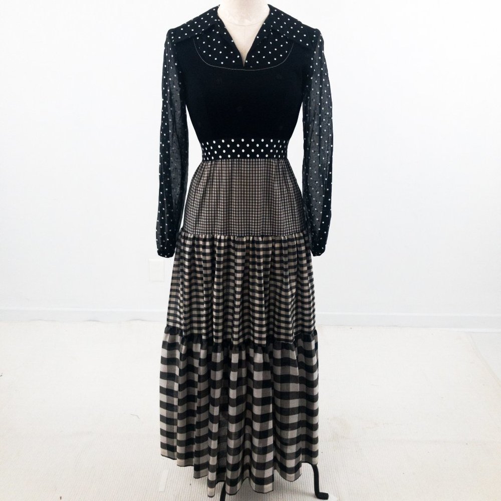 SOLD Vintage 70s S Prairie Check Print Maxi Dress Black - Picture 1 of 10